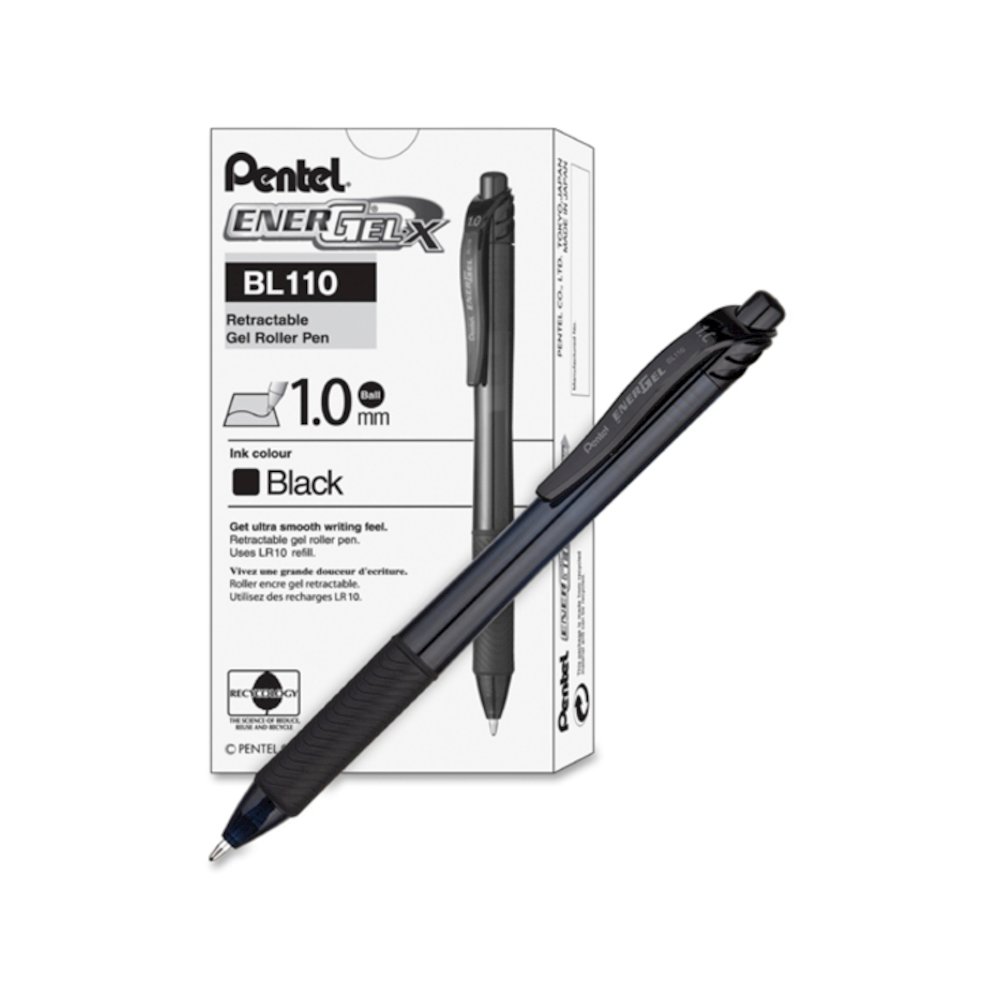 Pentel EnerGel-X Rollerball Pen - Refillable - Retractable - Black Ink - Gel-based - Black Barrel - Metal Tip - 1 Dozen. Picture 2