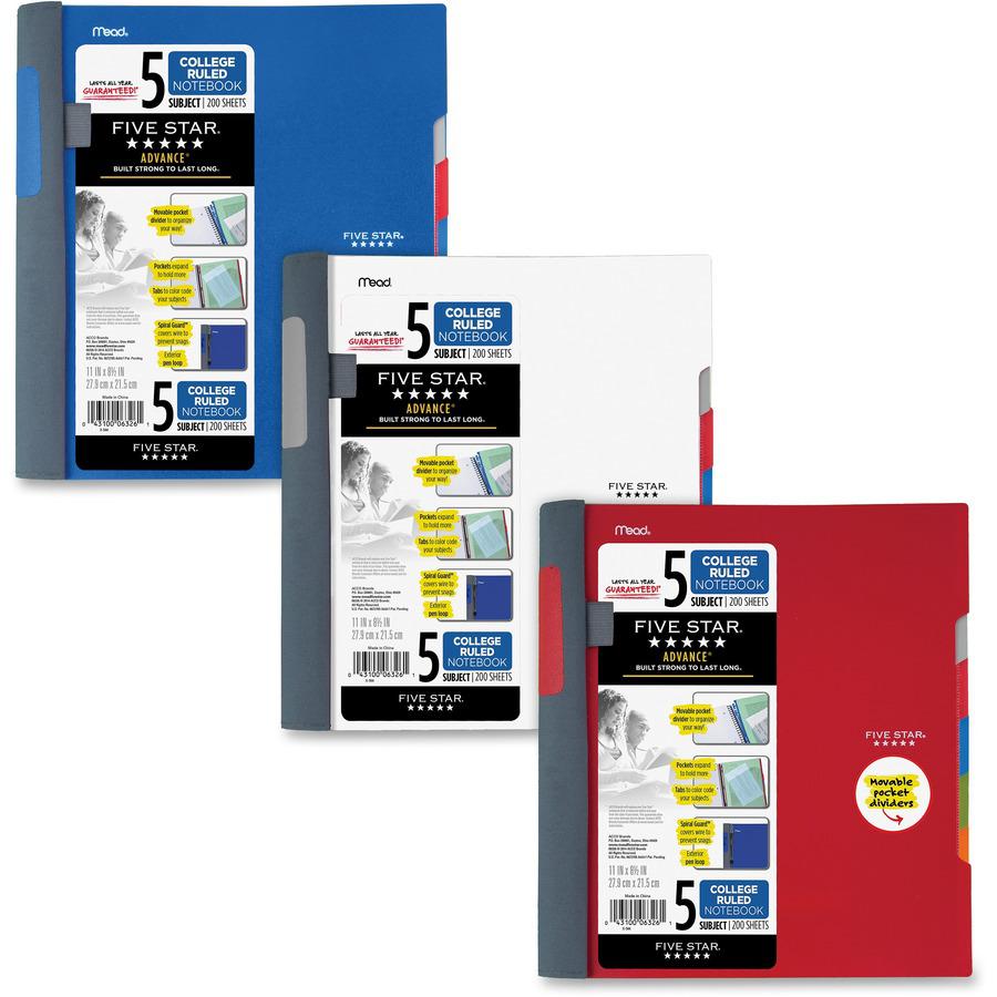 Mead College Ruled Subject Notebooks - 200 Pages - Spiral - 11" x 10.2" - AssortedPlastic Cover - Tab, Divider, Durable, Subject, Snag Resistant, Expandable Pocket, Pen Loop - 1 Each. Picture 2
