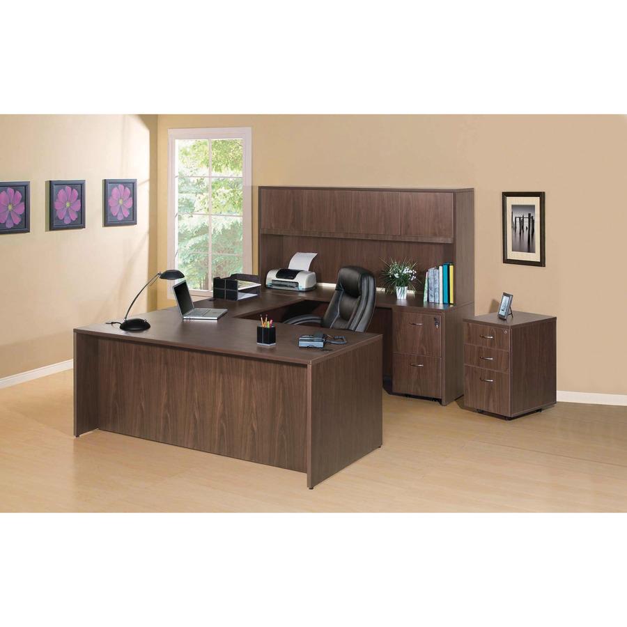 Lorell Essentials Series Box/Box/File Fixed File Cabinet - 28.5" Height x 15.5" Width x 21.9" Depth Pedestal - Total Drawer(s): 3 - Finish: Laminate, Walnut - Built-in Hangrail - For File, File Folder. Picture 7