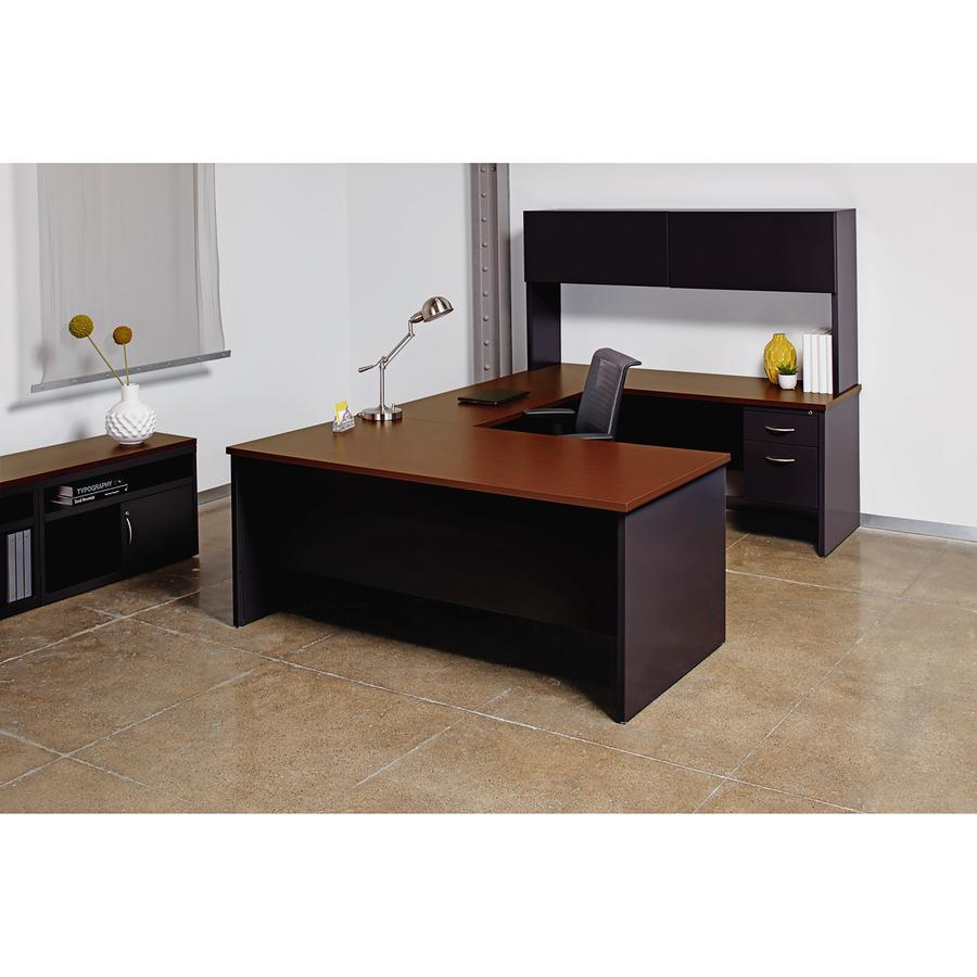 Lorell Fortress Modular Series Double-Pedestal Desk - 60" Width x 30" Depth, x 1.1" Thickness Top - Total Drawer(s): 4 - Double Pedestal - Material: Steel - Finish: Walnut Laminate, Black - Scratch Re. Picture 9