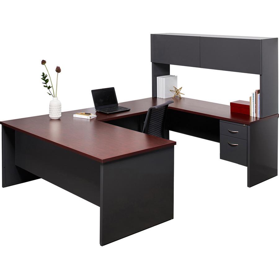 Lorell Fortress Modular Series Left-Pedestal Desk - 66" Width x 30" Depth, x 1.1" Thickness Top - Total Drawer(s): 2 - Single Pedestal on Left Side - Material: Steel - Finish: Mahogany Laminate, Charc. Picture 3