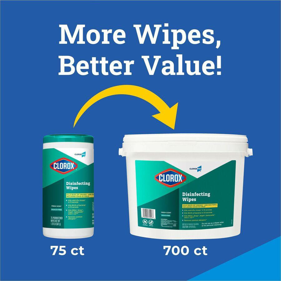 CloroxPro&trade; Disinfecting Wipes - Ready-To-Use - Fresh Scent - 700 / Bucket - 1 Each - Pre-moistened, Anti-bacterial, Textured - White. Picture 13
