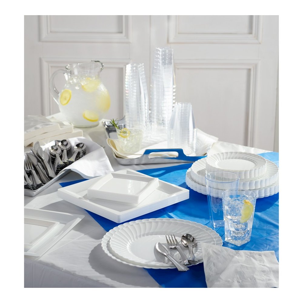 Genuine Joe Plastic Rectangular Table Covers - 108" Length x 54" Width - Plastic - White - 6/Pack - 4 / Carton. Picture 2