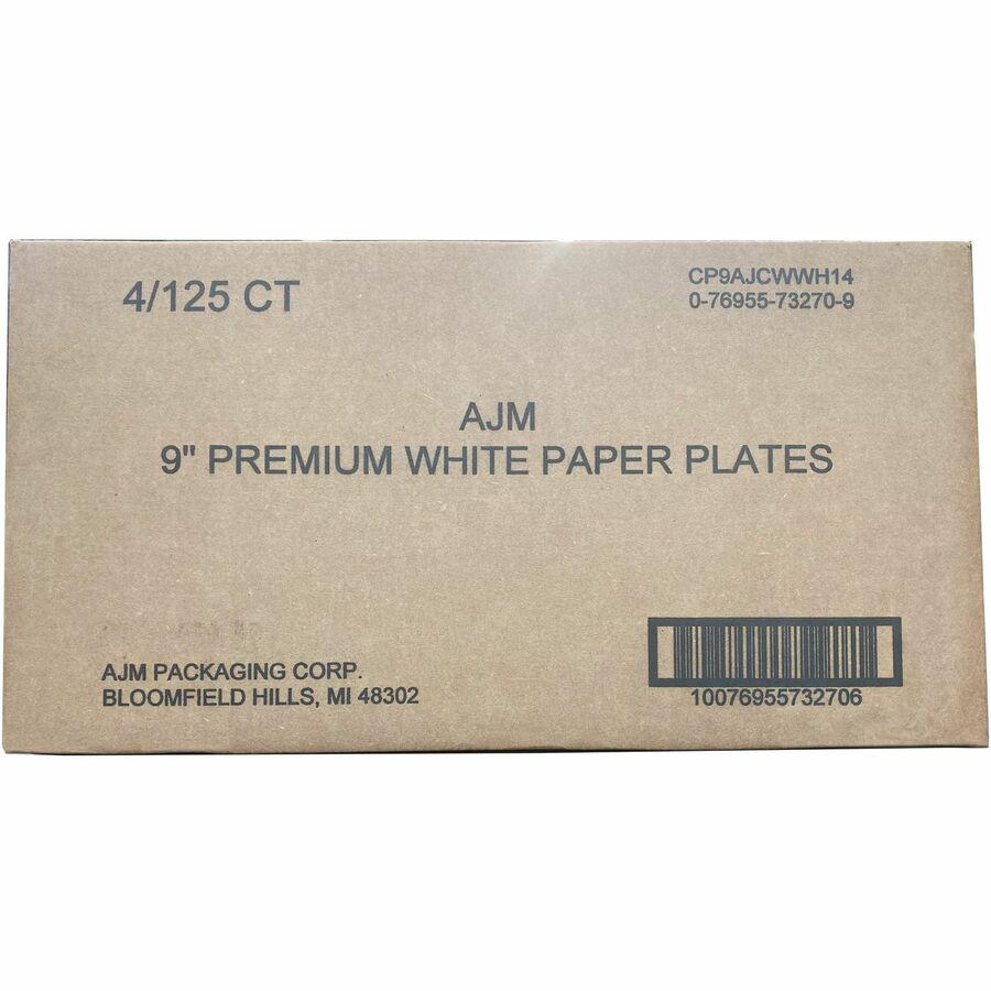 AJM 9" Dinnerware Paper Plates - Disposable - 9" Diameter - White - Paper Body - 125/Pack - 4 / Carton. Picture 4