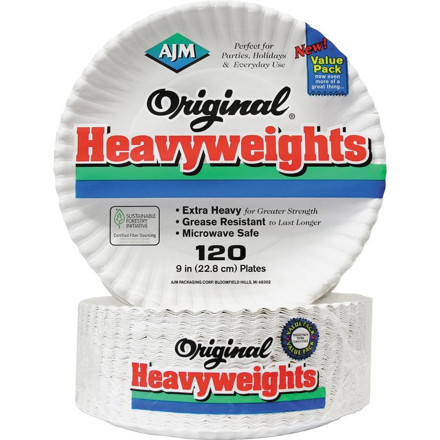 AJM 9" Original Heavyweight Plates - Serving, Reheating - Disposable - Microwave Safe - 9" Diameter - White - Paper Body - 120 / Pack. Picture 3