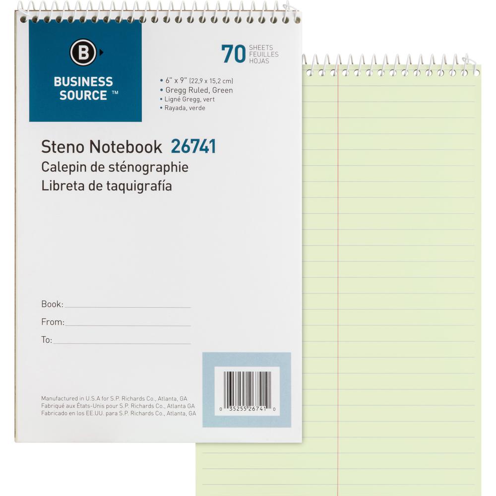 Business Source Steno Notebook - 70 Sheets - Wire Bound - Gregg Ruled Margin - 15 lb Basis Weight - 6" x 9" Sheet Size - Green Paper - Stiff-back - 12 / Pack. Picture 9