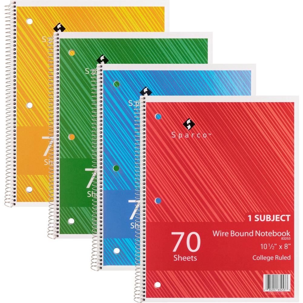 Sparco Wirebound Notebooks - 70 Sheets - Wire Bound - College Ruled Front Ruling - Unruled Margin - 16 lb Basis Weight - 8" x 10 1/2" Sheet Size - Assorted Chipboard Cover - Subject, Stiff-cover, Stif. Picture 2