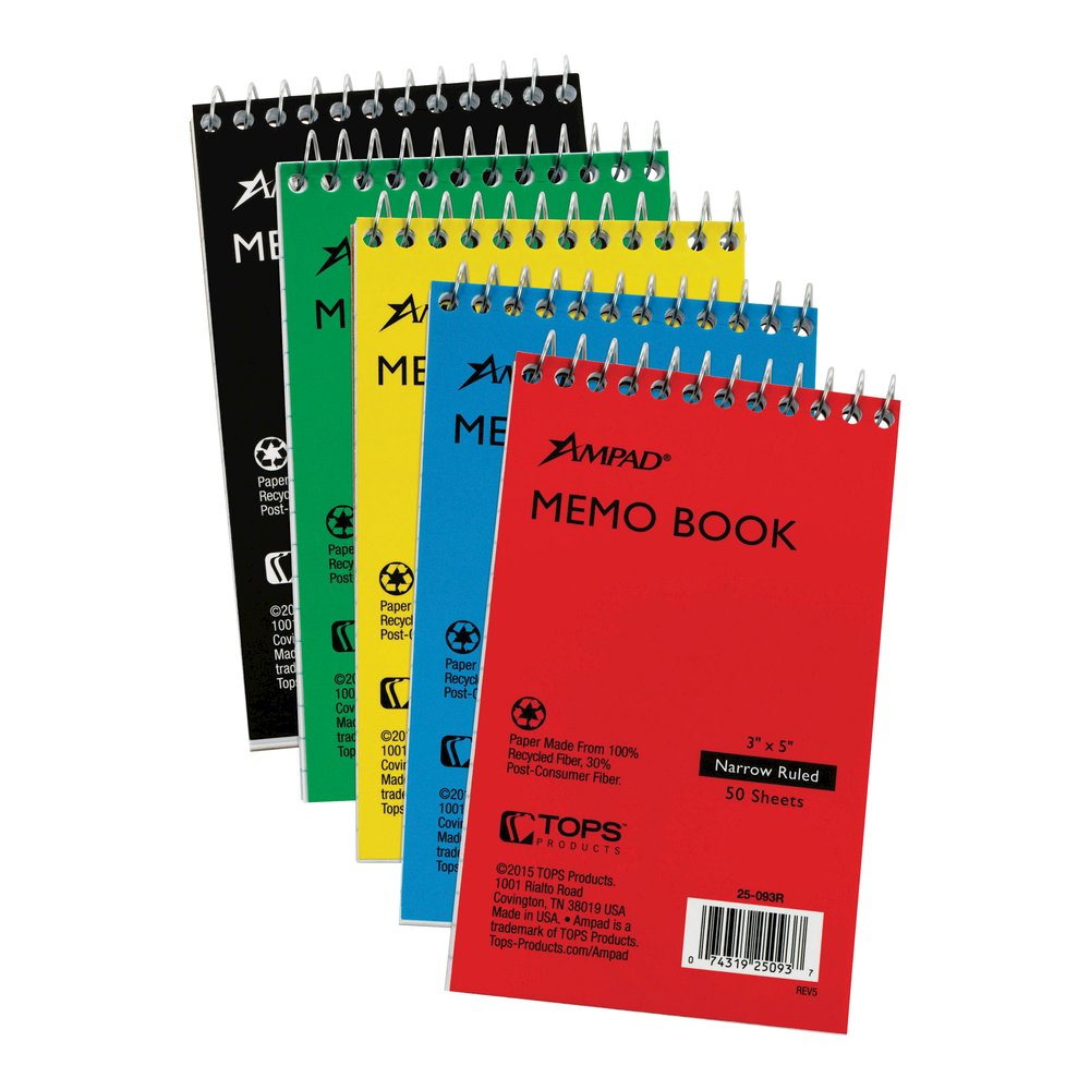Ampad Topbound Memo Notebooks - 50 Sheets - Wire Bound - 3" x 5" Sheet Size - White Paper - Assorted Pressboard Cover - Rigid, Mediumweight - Recycled - 5 / Bundle. Picture 2