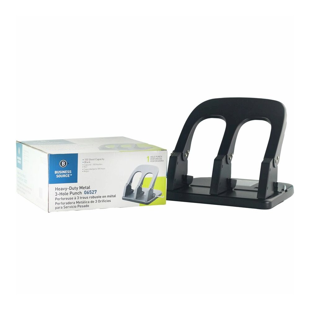 Business Source Adjustable Three-hole Punch - 3 Punch Head(s) - 100 Sheet - Die-cast Metal - 10.2" Width x 10.4" Depth x 6.2" Height - Black. Picture 4