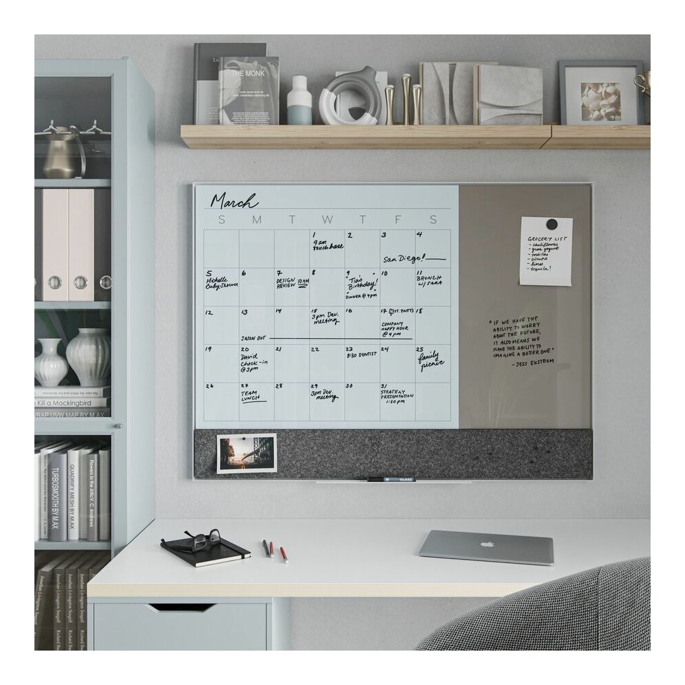 U Brands 3N1 Magnetic Glass Dry-Erase Monthly Calendar Board - 48" (4 ft) Width x 36" (3 ft) Height - Gray Tempered Glass Surface - White Aluminum Frame - Rectangle - Horizontal - Magnetic - 1 Each. Picture 2