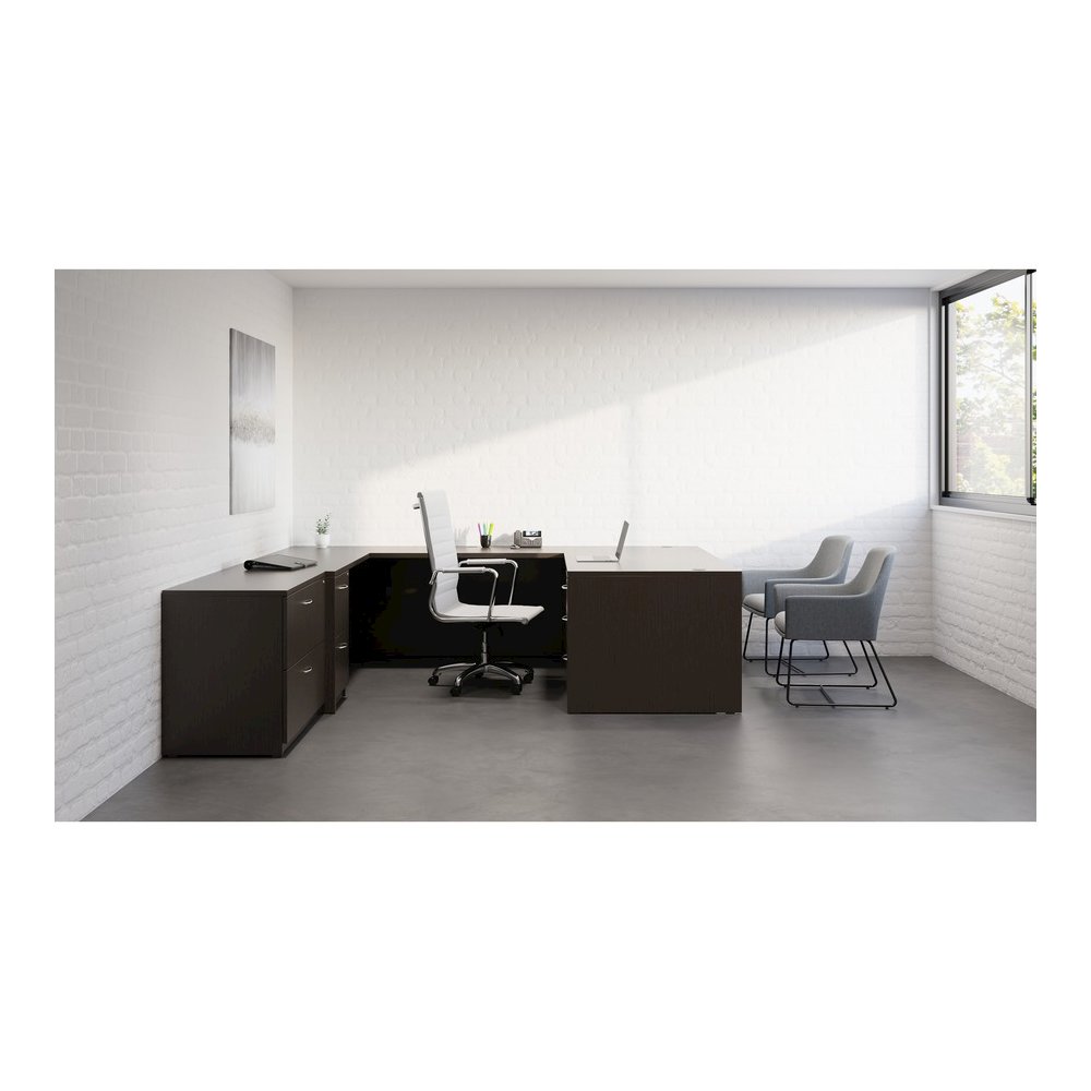 Lorell Essentials Series Credenza Shell - 29.5" Height x 70.9" Width x 23.6" Depth - Finish: Espresso, Silver Brush - Grommet, Adjustable Feet, Durable, Laminated, Cam Lock, Cord Management - 1 Each. Picture 2