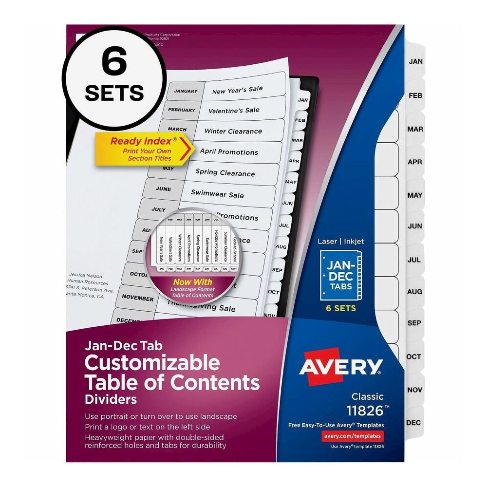Avery Jan-Dec Dividers, 12 Tabs, Ready Index (6 Sets of 11826) - 72 x Divider(s) - 72 Tab(s) - Month - Jan-Dec, Table of Contents - 12 Tab(s)/Set - 8.5" Divider Width x 11" Divider Length - 3 Hole Pun. Picture 2