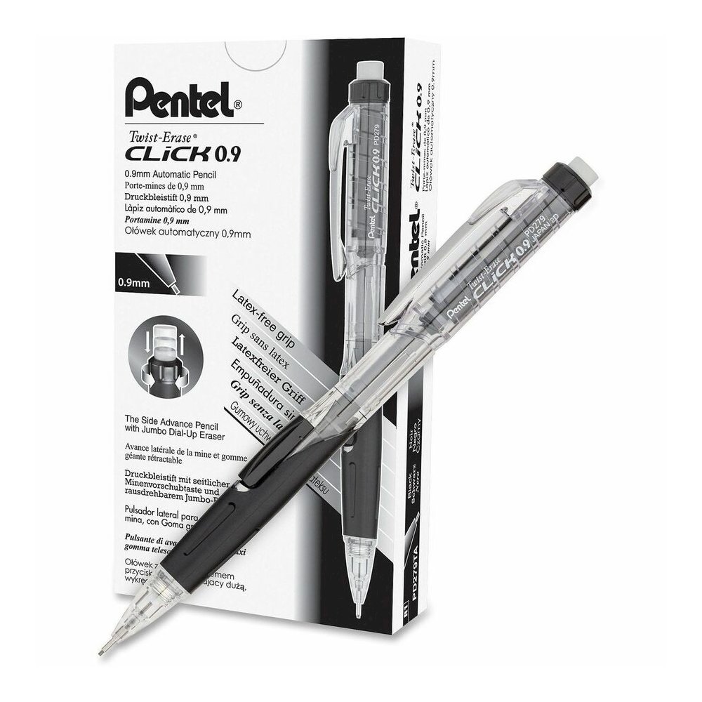 Pentel Twist-Erase Click Mechanical Pencils - 0.9 mm Black Lead - #2, HB - Refillable - Transparent, Black Barrel - 12 / Box. Picture 2