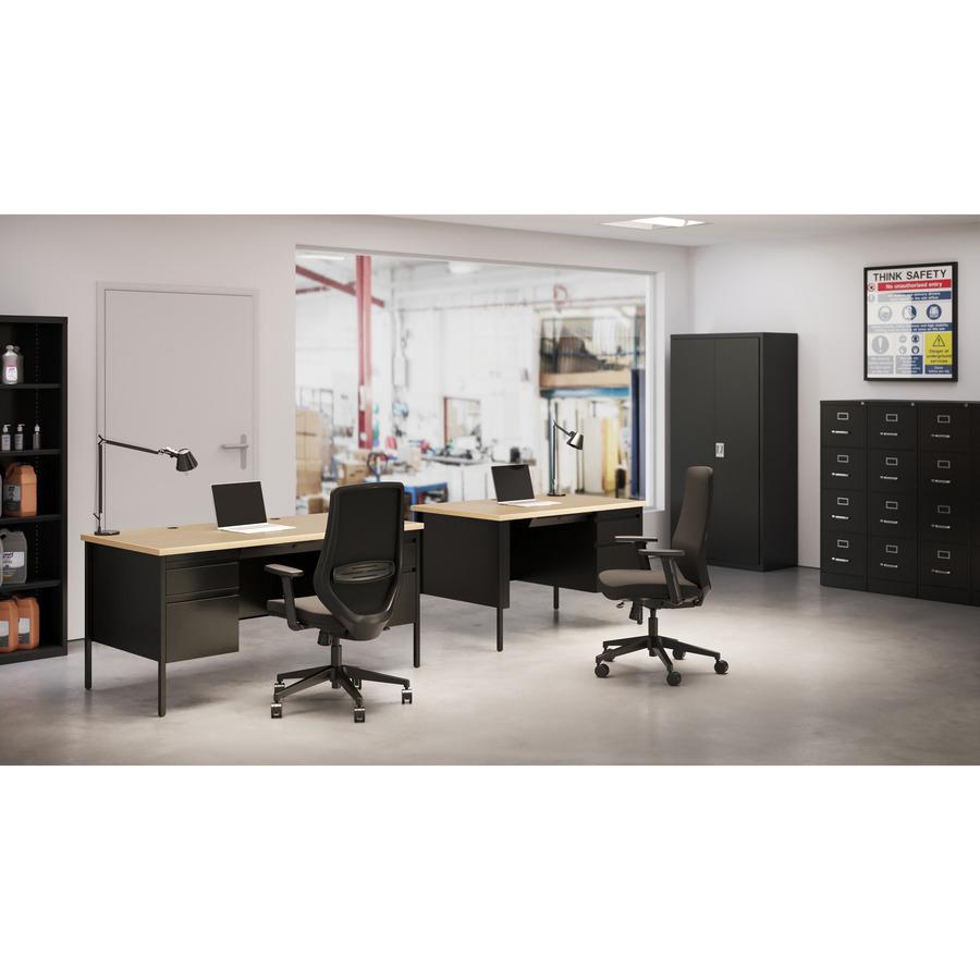 Lorell Fortress Series Double-Pedestal Desk - 60" x 29.5"30" , 1.1" Top, 0.8" Modesty Panel - File Drawer(s) - Double Pedestal - Square Edge - Material: Steel - Finish: Black. Picture 7