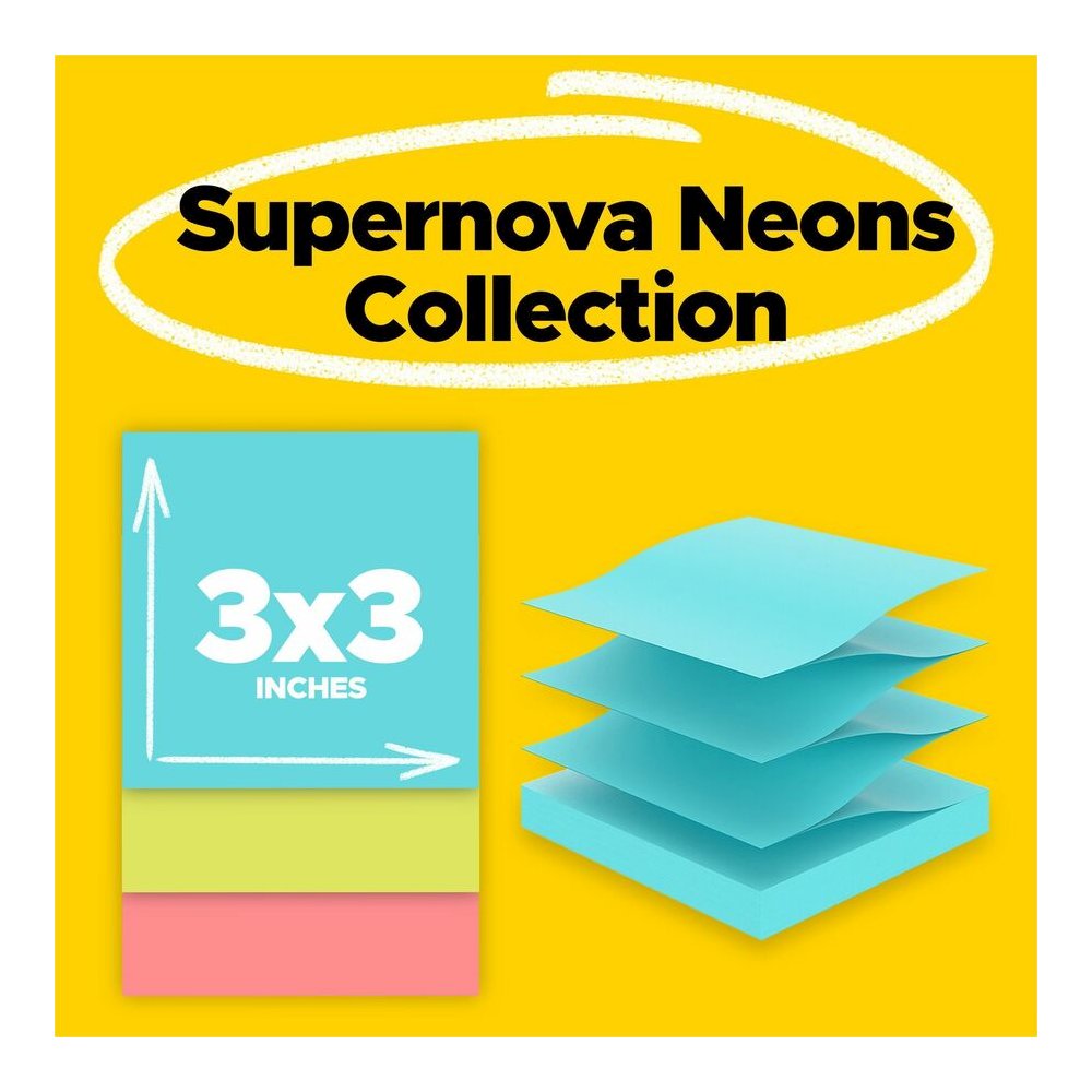 Post-it&reg; Super Sticky Dispenser Notes - Supernova Neons Color Collection - 3" Flag/Note Width x 3" Flag/Note Length - Square - 90 Sheets per Pad - Aqua Splash, Acid Lime, Guava - Paper - Super Sti. Picture 4
