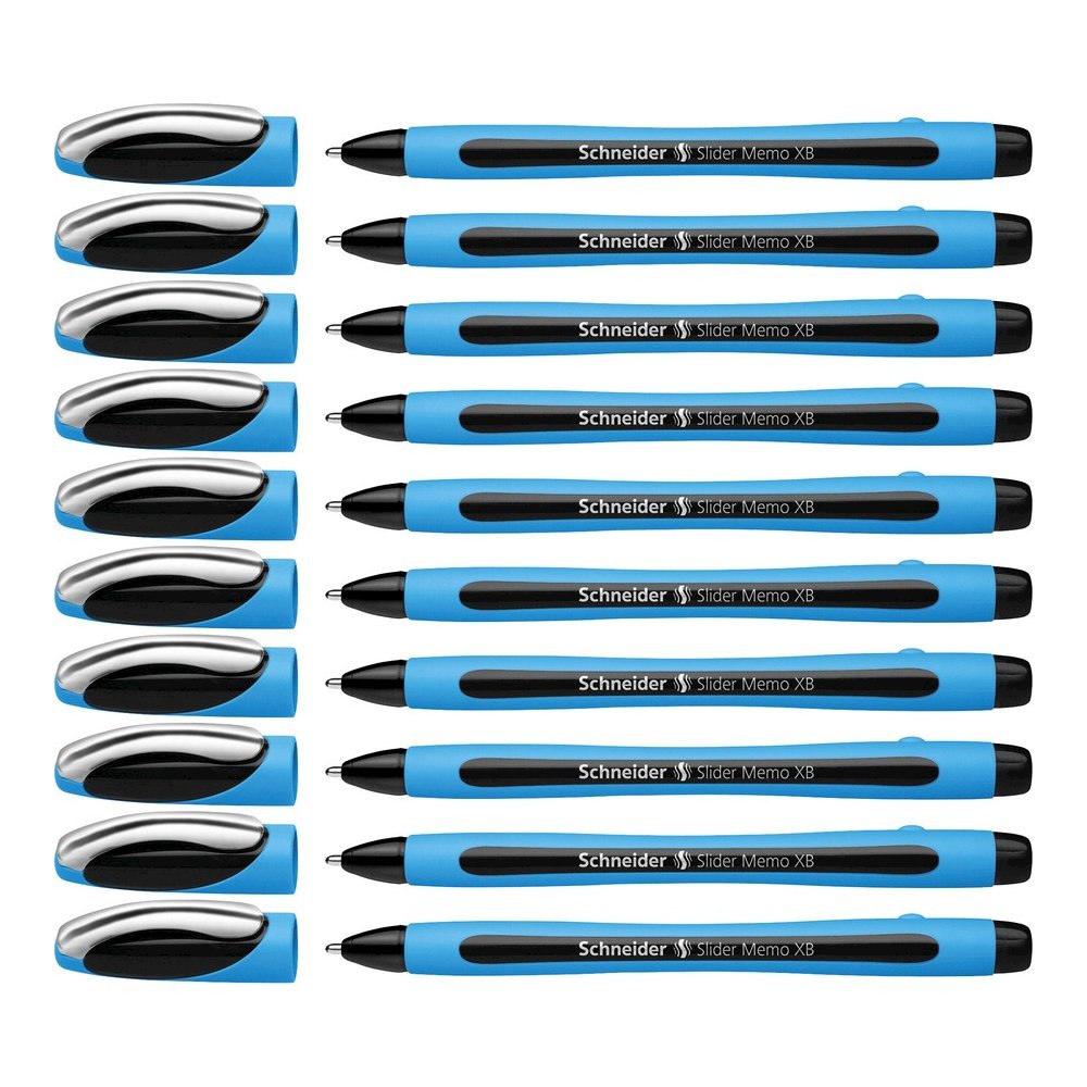 Schneider Slider Memo XB Ballpoint Pen - Black Ink - Black Rubberized, Light Blue Barrel - Stainless Steel Tip - 10 / Pack. Picture 2