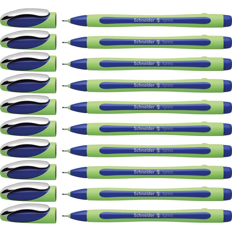 Schneider Xpress Fineliner Pen - Blue Ink - Blue Rubberized, Green Barrel - Stainless Steel Tip - 10 / Pack. Picture 5