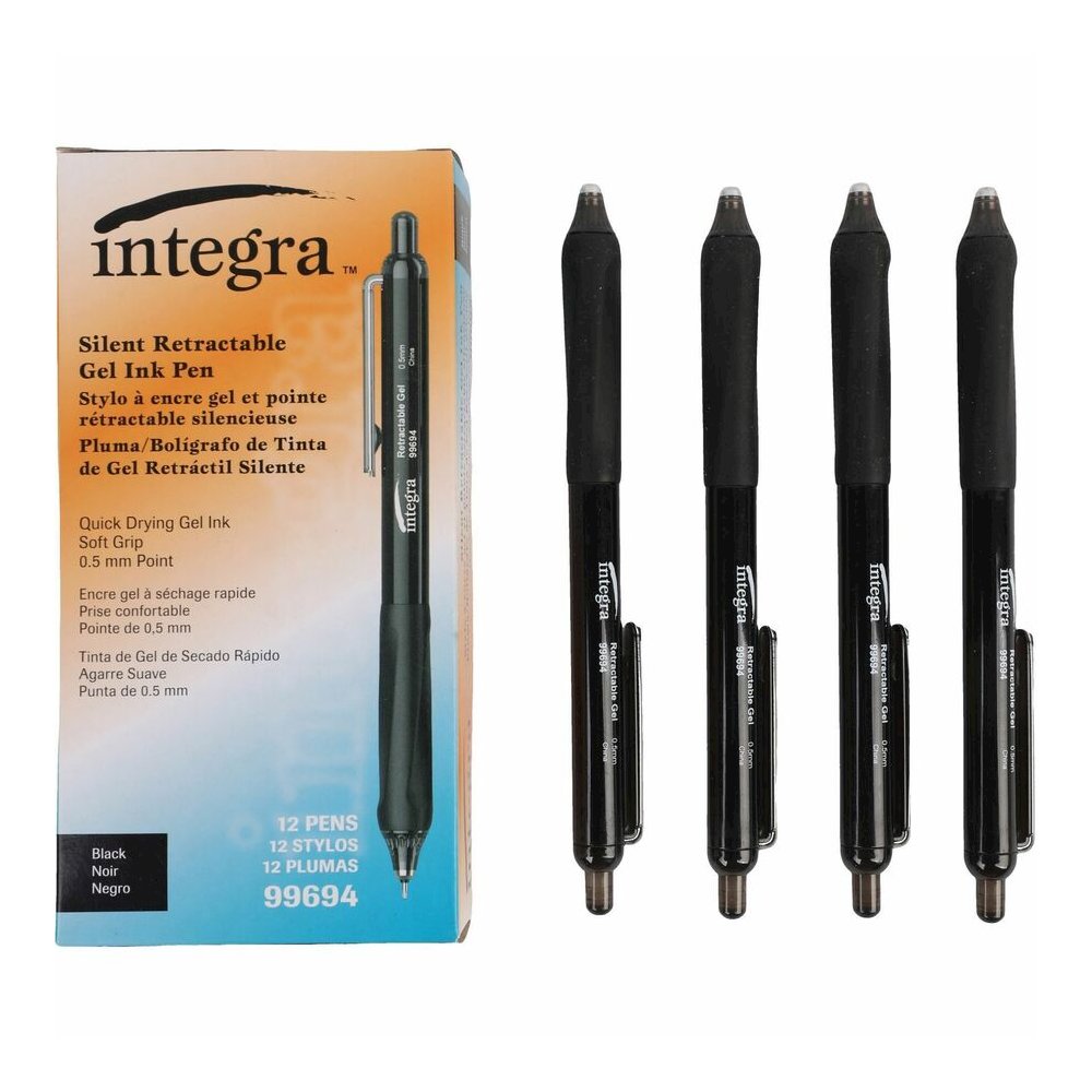 Integra Silent Retractable Gel Pens - Retractable - Black Ink - 12 / Box. Picture 2