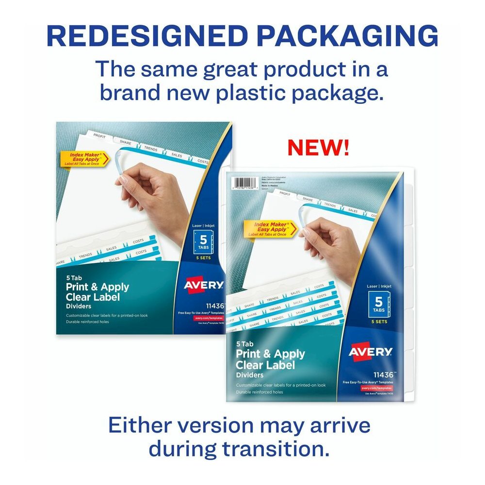 Avery&reg; Print & Apply Clear Label Dividers - Index Maker Easy Apply Label Strip - 25 x Divider(s) - 5 Tab(s)/Set - 8.5" Divider Width x 11" Divider Length - Letter - 3 Hole Punched - Clear Paper Di. Picture 2