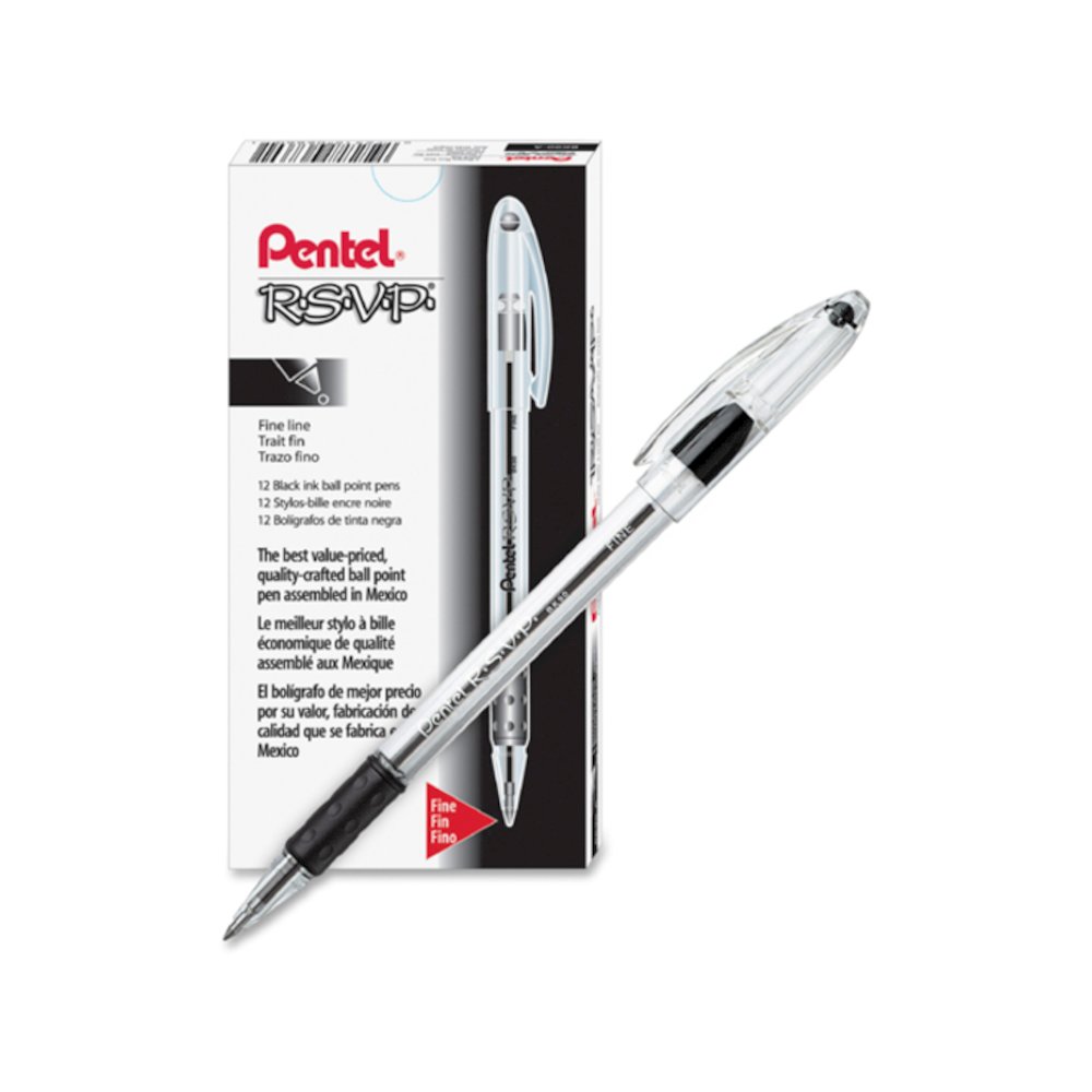 Pentel R.S.V.P. Ballpoint Stick Pens - Refillable - Black Ink - Clear Barrel - 1 Dozen. Picture 2