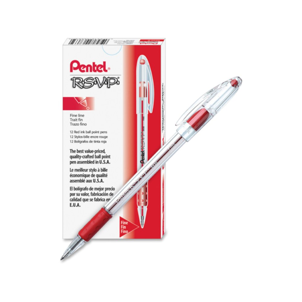 Pentel R.S.V.P. Ballpoint Stick Pens - Refillable - Red Ink - Clear Barrel - 1 Dozen. Picture 2