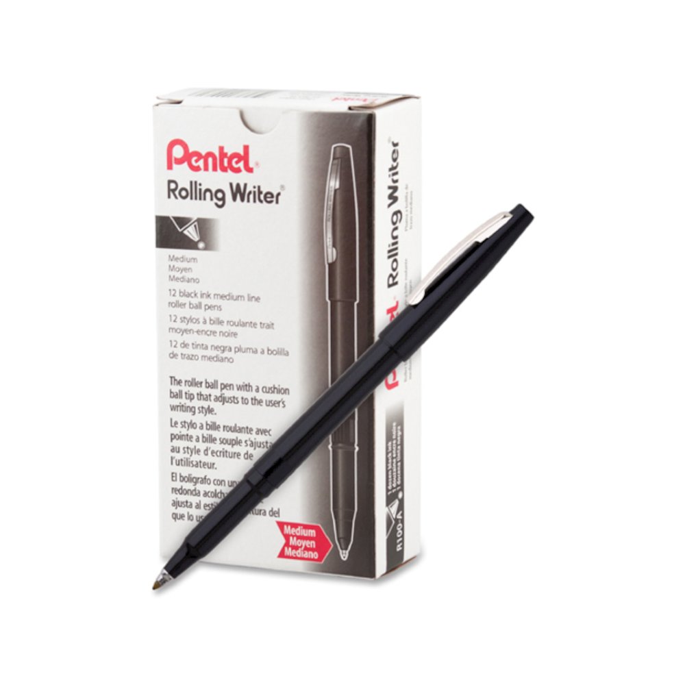 Pentel Rolling Writer Pens - Black Ink - Black Plastic Barrel - 1 Dozen. Picture 2