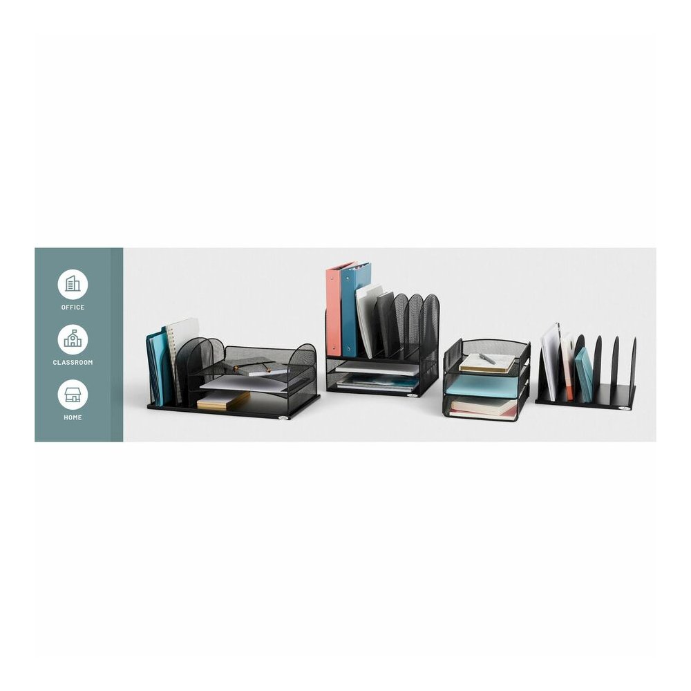 Safco Onyx 3 Tray/3 Upright Section Desk Organizer - 5 Compartment(s) - 8.25" Height x 19.50" Width x 11.50" Depth - Desktop - Powder Coated - Black - Steel - 1 Each. Picture 4