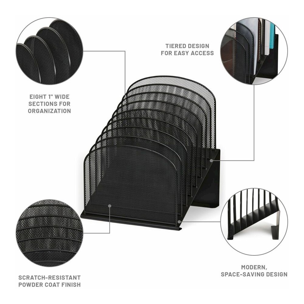 Safco Onyx Wire Mesh Desktop Organizer - 8 Compartment(s) - Compartment Size : 1" - 14" Height x 11.75" Width x 10.75" Depth - Desktop - Powder Coated - Black - Steel - 1 Each. Picture 2