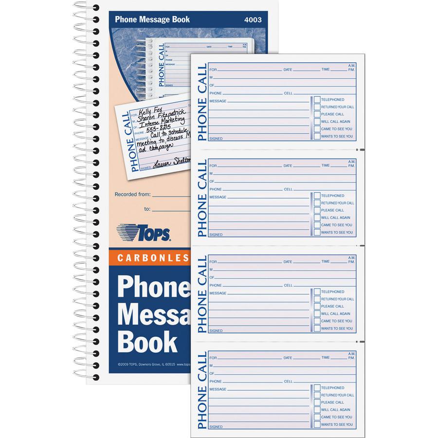TOPS Carbonless Phone Message Book - Double Sided Sheet - Spiral Bound - 2 Part - Carbonless Copy - 5.50" x 11" Sheet Size - White - Assorted Sheet(s) - Blue, Red Print Color - 1 Each. Picture 4
