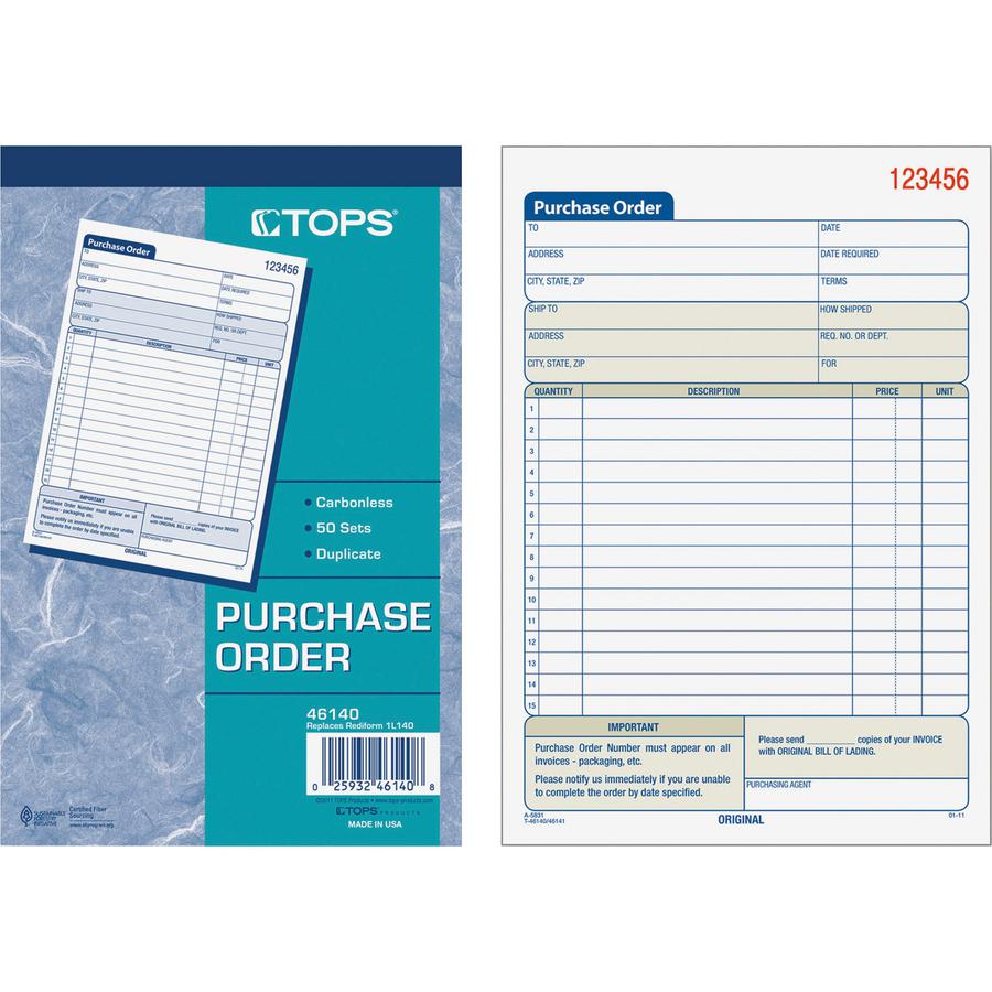 TOPS Carbonless 2-Part Purchase Order Books - 50 Sheet(s) - 2 Part - Carbonless Copy - 5.56" x 7.93" Sheet Size - Assorted Sheet(s) - 1 Each. Picture 2