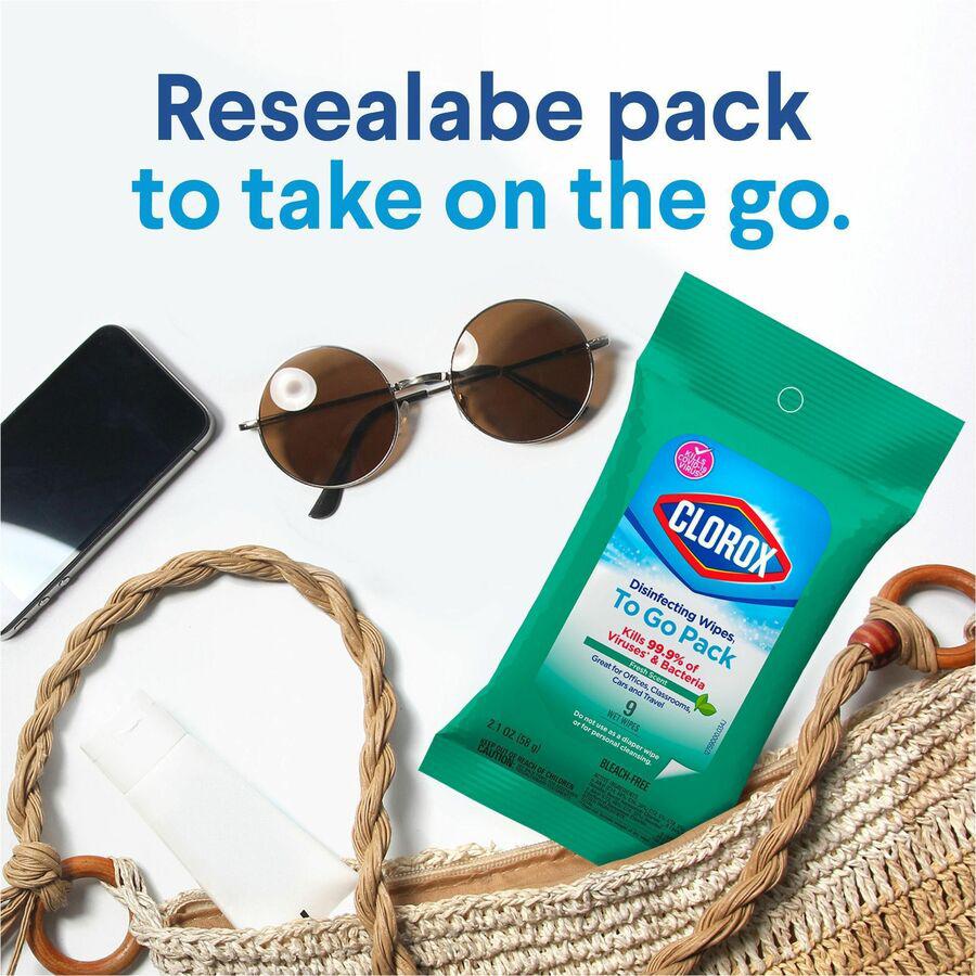 Clorox On The Go Bleach-Free Disinfecting Wipes - Ready-To-Use Wipe - Fresh Scent - 9 / Pack - 24 / Carton - White. Picture 13