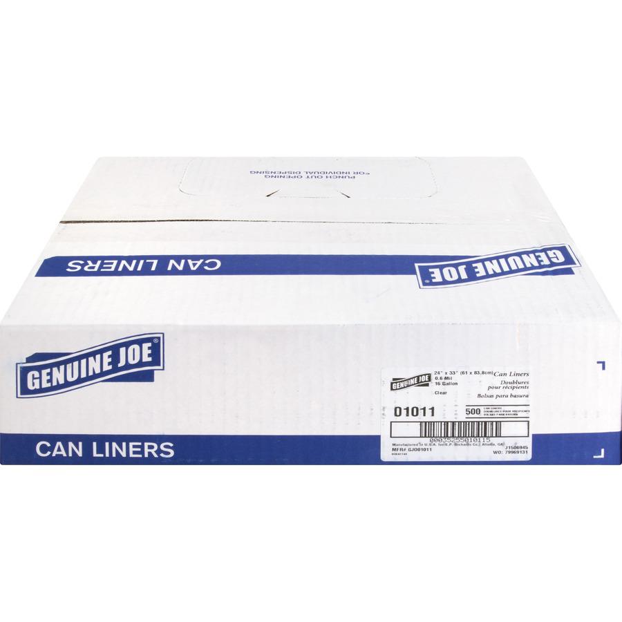 Genuine Joe Clear Trash Can Liners - Small Size - 16 gal Capacity - 33" Length x 24" Width x 0.60 mil (15 Micron) Thickness - Low Density - Clear - 500/Box - 1 Carton. Picture 3