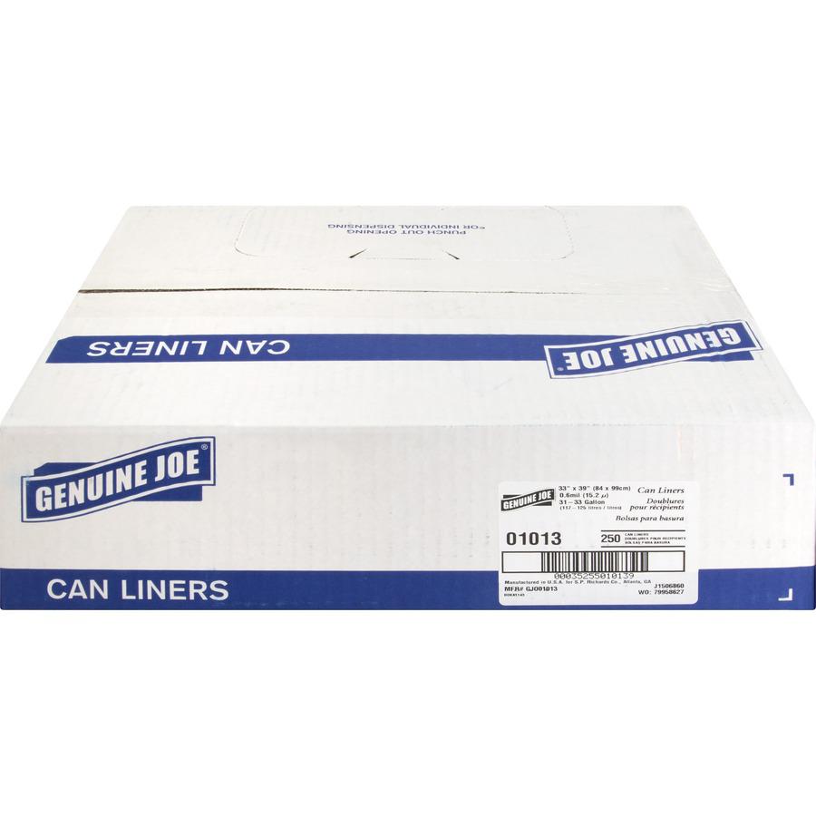 Genuine Joe Clear Trash Can Liners - Medium Size - 33 gal Capacity - 39" Length x 33" Width x 0.60 mil (15 Micron) Thickness - Low Density - Clear - 250/Box - 1 Carton. Picture 4