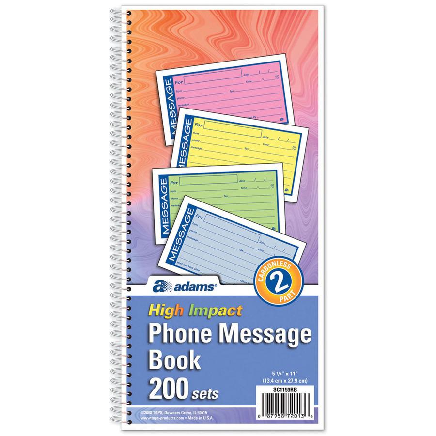 Adams 2-Part Carbonless Phone Message Books - 200 Sheet(s) - Spiral Bound - 2 PartCarbonless Copy - 5.25" x 11" Form Size - Assorted Sheet(s) - 1 Each. Picture 4