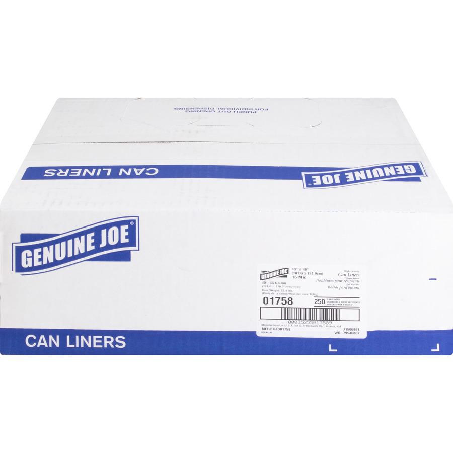 Genuine Joe High-density Can Liners - Large Size - 45 gal Capacity - 48" Length x 40" Width x 0.63 mil (16 Micron) Thickness - High Density - Clear - Resin - Office Waste, Industrial Trash - No - 25/R. Picture 4
