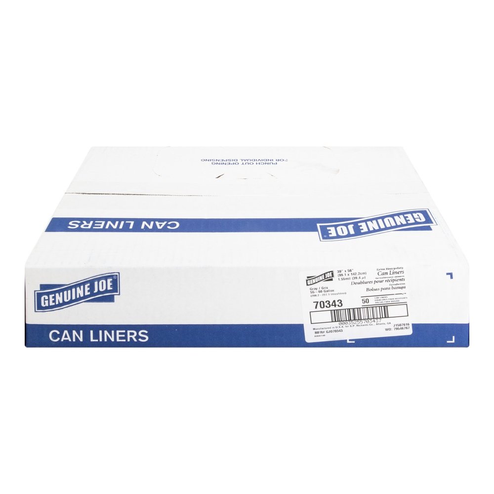 Genuine Joe Maximum Strength Trash Can Liner - Extra Large Size - 60 gal Capacity - 56" Length x 39" Width x 1.55 mil (39 Micron) Thickness - Low Density - Silver - Plastic Resin - Food Waste, Office . Picture 2