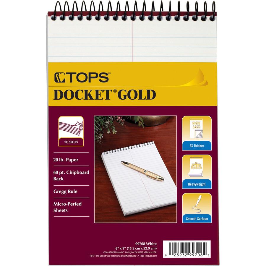 TOPS Docket Gold Spiral Steno Book - 100 Sheets - Coilock - 20 lb Basis Weight - 6" x 9" - 9" x 6" - White Paper - Frosty ClearPoly Cover - Perforated, Acid-free, Heavyweight, Unpunched - 1 Each. Picture 5