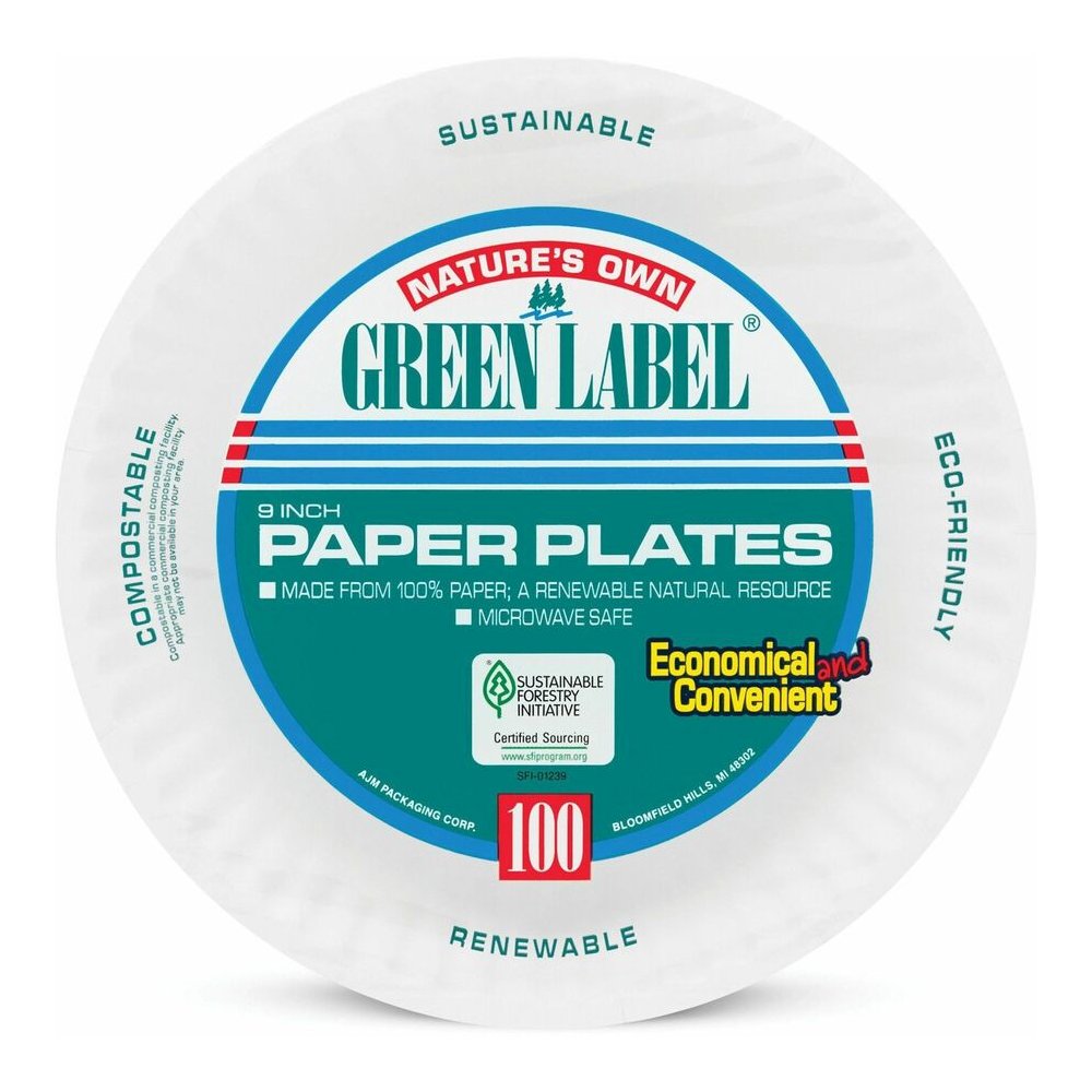 Green Label 9" Green Label Economy Paper Plates - Microwave Safe - 9" Diameter - White - Paper Body - 100/Bag - 12 / Carton. Picture 3