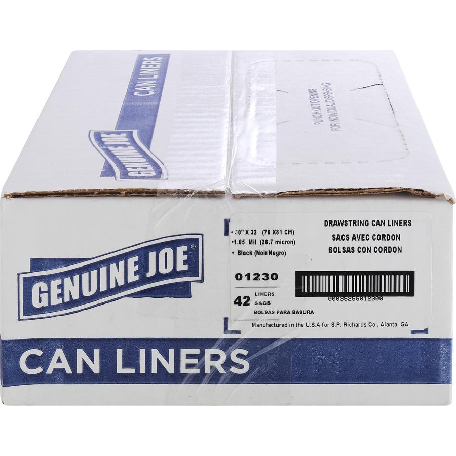 Genuine Joe Flexible Drawstring Trash Can Liners - Medium Size - 30 gal Capacity - 32" Length x 30" Width x 1.05 mil (27 Micron) Thickness - Low Density - Drawstring Closure - Black - Resin - No - 42/. Picture 6