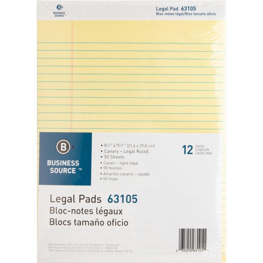Business Source Micro-Perforated Legal Ruled Pads - 50 Sheets - 0.34" Ruled - 16 lb Basis Weight - 8 1/2" x 11 3/4" Sheet Size - Canary Paper - Micro Perforated, Easy Tear, Sturdy Back - No - 1 Dozen. Picture 7