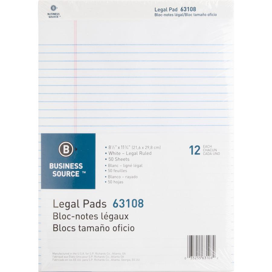 Business Source Micro-Perforated Legal Ruled Pads - 50 Sheets - 0.34" Ruled - 16 lb Basis Weight - 8 1/2" x 11 3/4" Sheet Size - White Paper - Micro Perforated, Easy Tear, Sturdy Back - No - 1 Dozen. Picture 2
