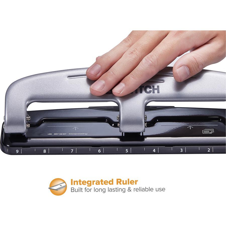 Bostitch EZ Squeeze&trade; 12 Three-Hole Punch - 3 Punch Head(s) - 12 Sheet - 9/32" Punch Size - 3" Width x 1.6" Height - Black, Silver. Picture 6