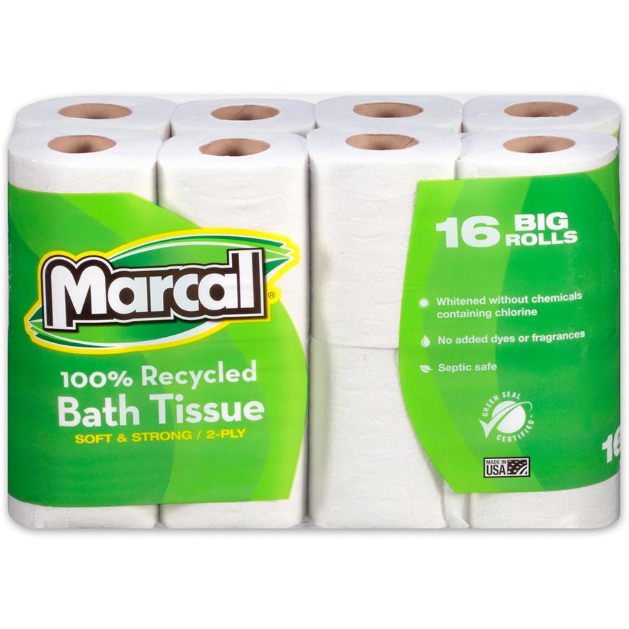 Marcal 100% Recycled Soft/Strong Bath Tissue - 2 Ply - 4.20" x 3.60" - 168 Sheets/Roll - White - 16 Rolls Per Pack - 1 Each. Picture 2