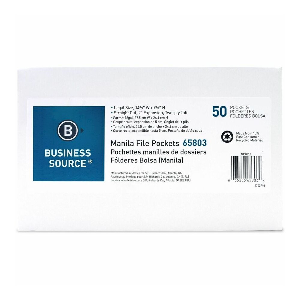 Business Source Straight Tab Cut Legal Recycled File Pocket - 8 1/2" x 14" - 2" Expansion - 11 pt. - Manila - Slip Resistant, Reinforced Tab, Heavyweight Cover - 10% Recycled - 50 / Box. Picture 2
