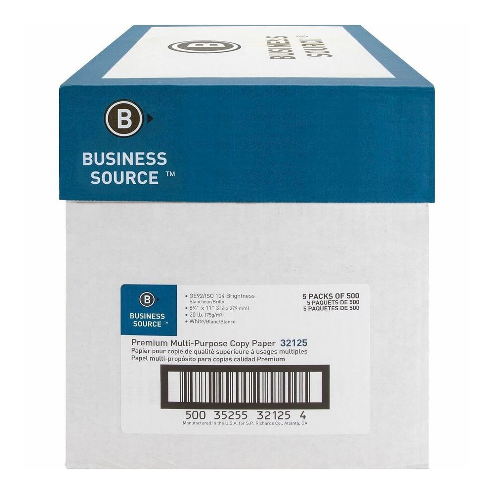 Business Source Premium Multipurpose Copy Paper - White - 92 Brightness - Letter - 8 1/2" x 11" - 20 lb Basis Weight - Acid-free - White - 2500 Sheets - 500 Sheets per Ream - 5 / Carton. Picture 2