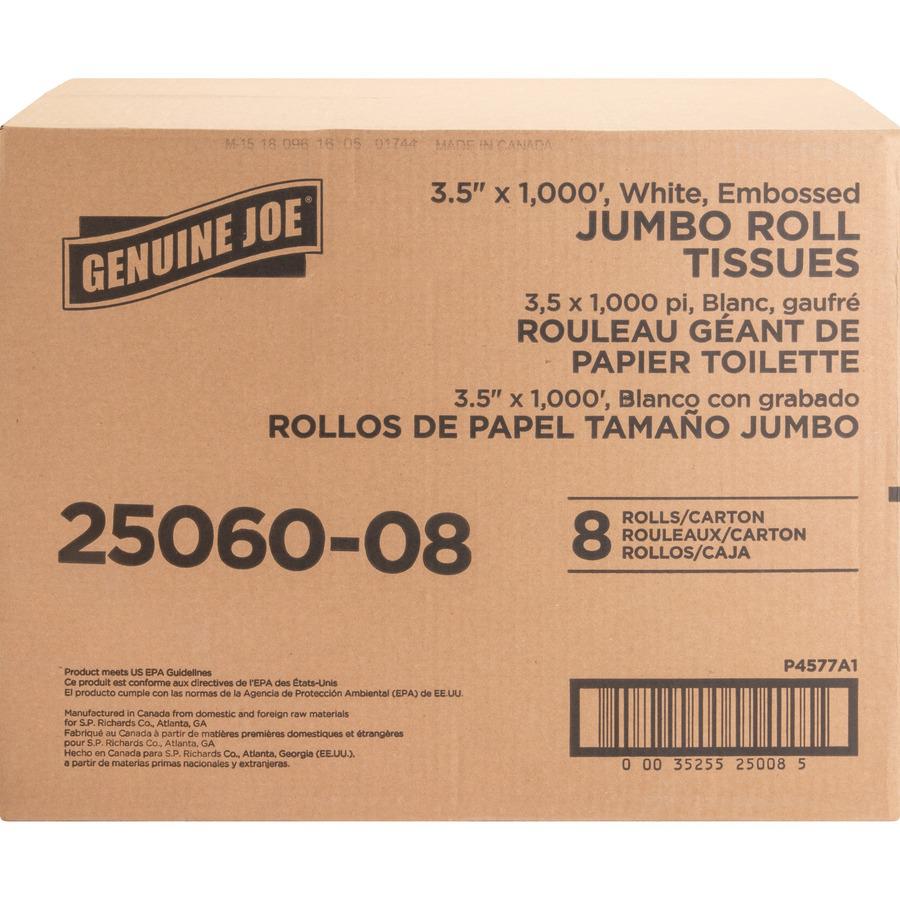 Genuine Joe Jumbo Dispenser Roll Bath Tissue - 2 Ply - 3.50" Width x 1000 ft Length - 9" Roll Diameter - 3 19/64" Core - White - 8 / Carton. Picture 4