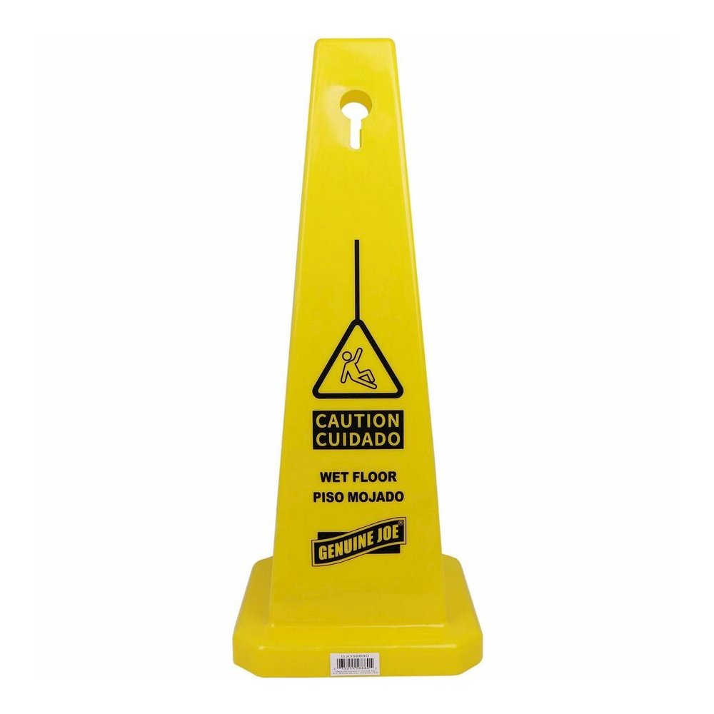 Genuine Joe Bright 4-sided Caution Safety Cone - English, Spanish - 10" Width x 24" Height x 10" Depth - Cone Shape - Stackable - Industrial - Polypropylene - Yellow - 1 Each. Picture 3