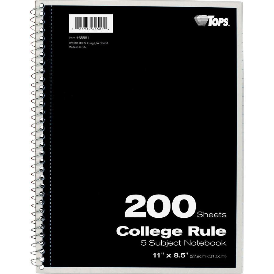 TOPS 5 - subject College - ruled Notebooks - Letter - 200 Sheets - Wire Bound - Letter - 8 1/2" x 11" - 0.25" x 8.5" x 11" - Assorted Paper - Black, Red, Blue, Green, Purple Cover - Divider, Perforate. Picture 2
