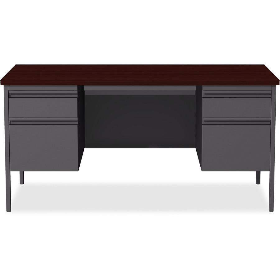 Lorell Fortress Series Double-Pedestal Desk - Rectangle Top - 60" Table Top Width x 30" Table Top Depth x 1.12" Table Top Thickness - 29.50" HeightAssembly Required - Laminated, Mahogany - Steel - 1 E. Picture 3
