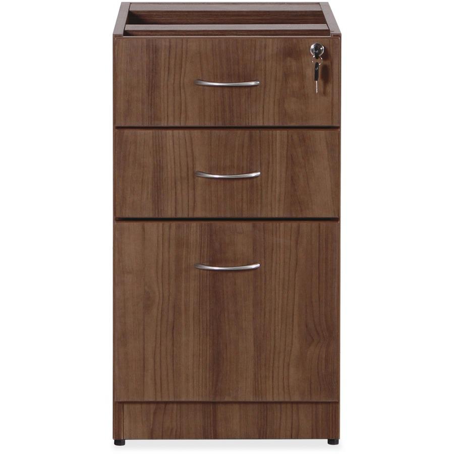 Lorell Essentials Series Box/Box/File Fixed File Cabinet - 28.5" Height x 15.5" Width x 21.9" Depth Pedestal - Total Drawer(s): 3 - Finish: Laminate, Walnut - Built-in Hangrail - For File, File Folder. Picture 4